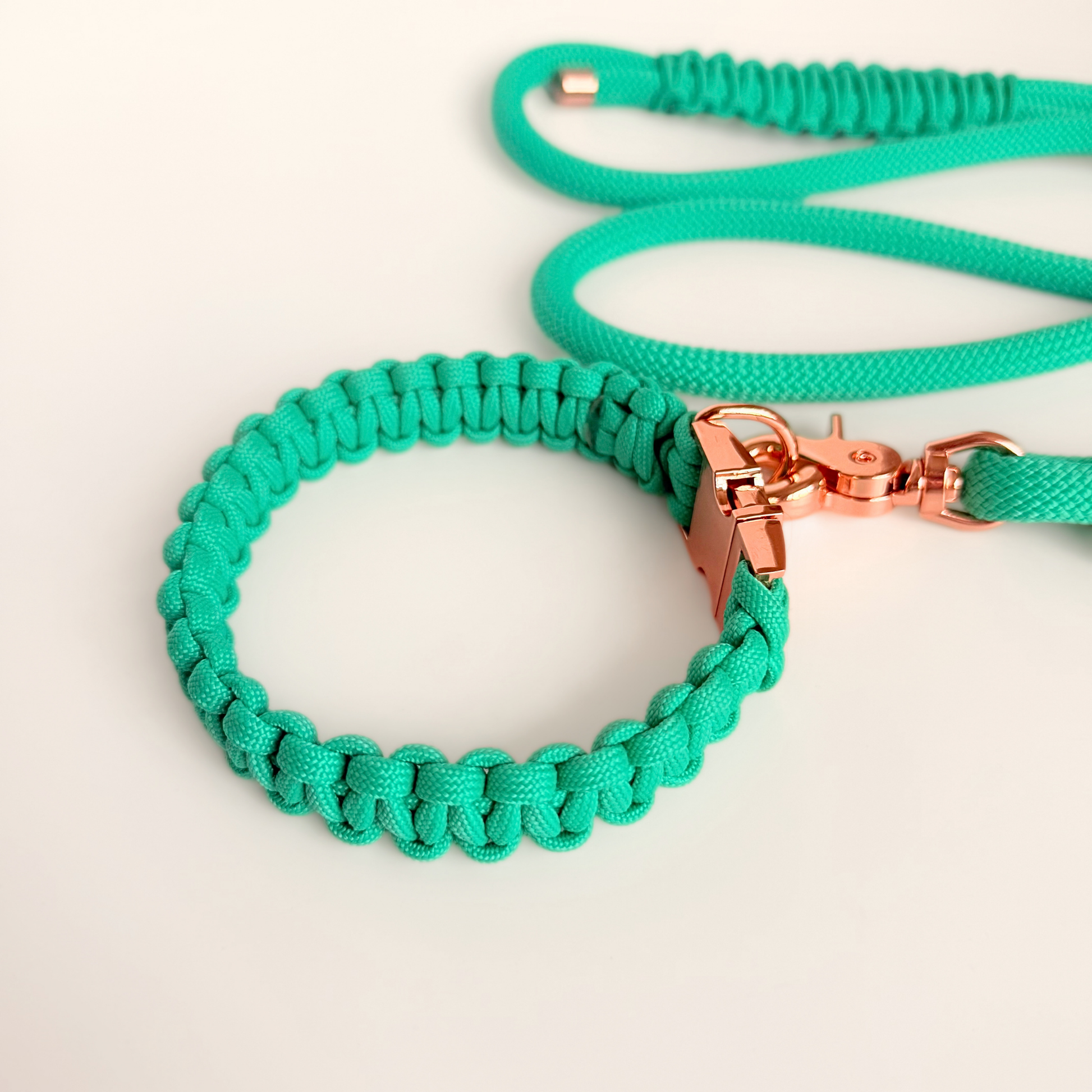 Custom made mint green nylon rope dog lead with matching paracord braided dog collar.Choice of metal hardware, shown in rose gold. Pictured close up