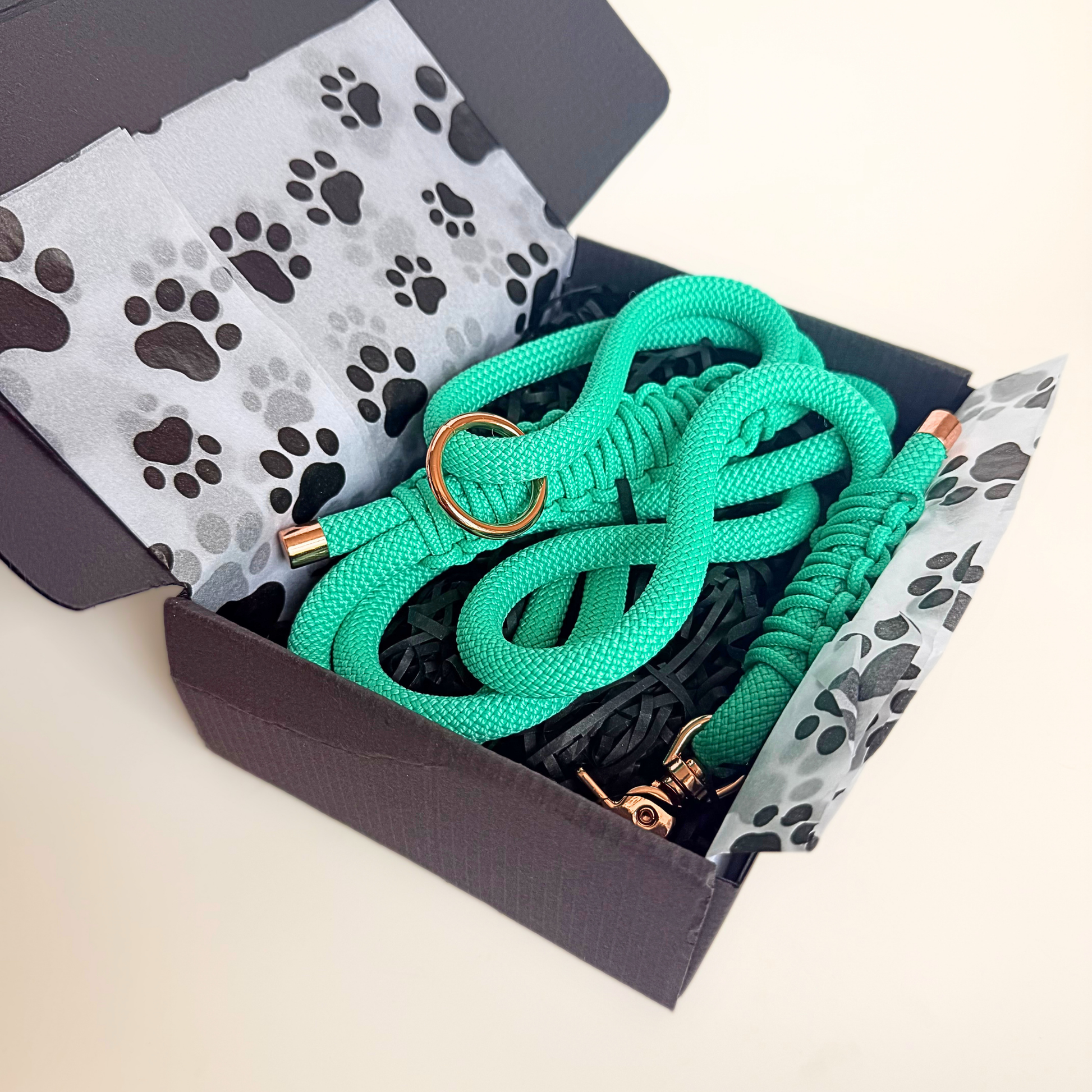 A bright mint green braided rope leash with rose gold-tone hardware, presented inside a black gift box lined with white tissue paper featuring a black paw print pattern.
