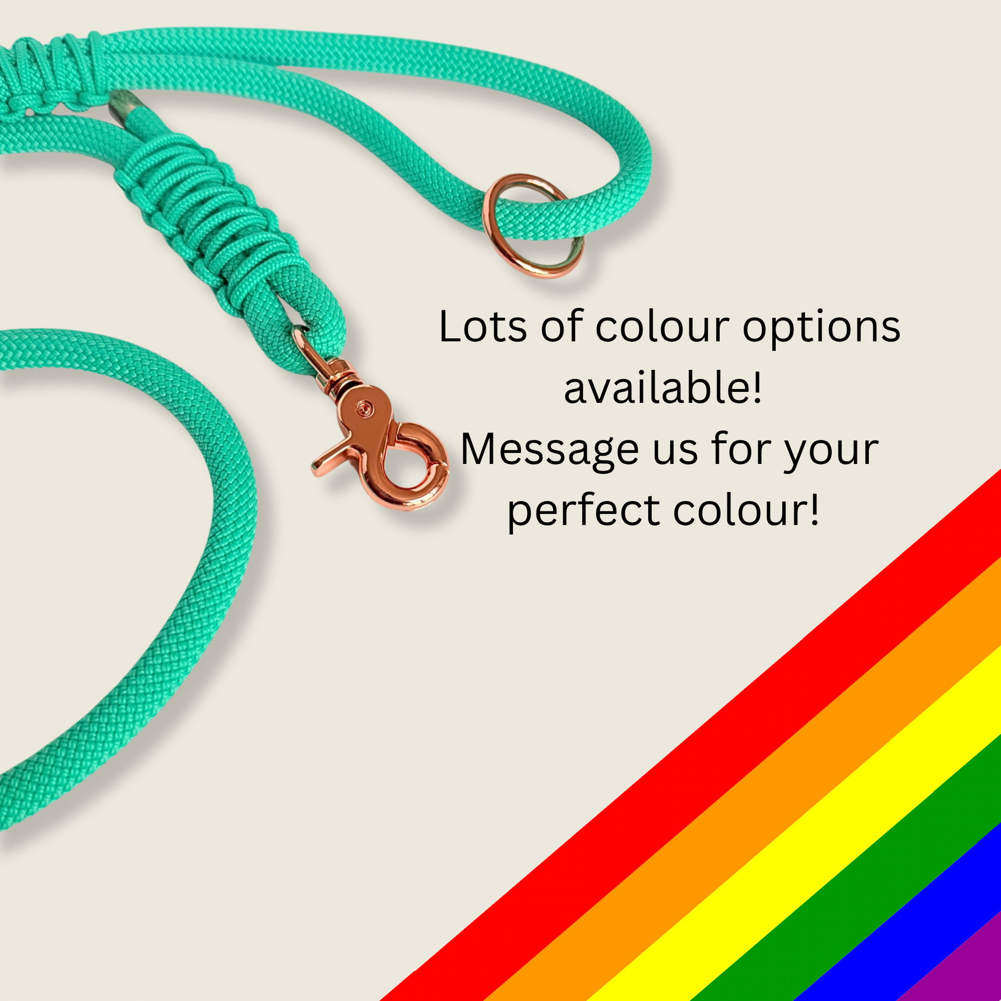 Custom made mint green nylon rope dog lead with choice of metal hardware. Four lengths available. Easy strong grip handle. 