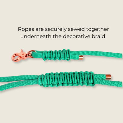 Custom made mint green nylon rope dog lead with choice of metal hardware. Four lengths available. Easy strong grip handle. Pictured showing the decorative braid close up.