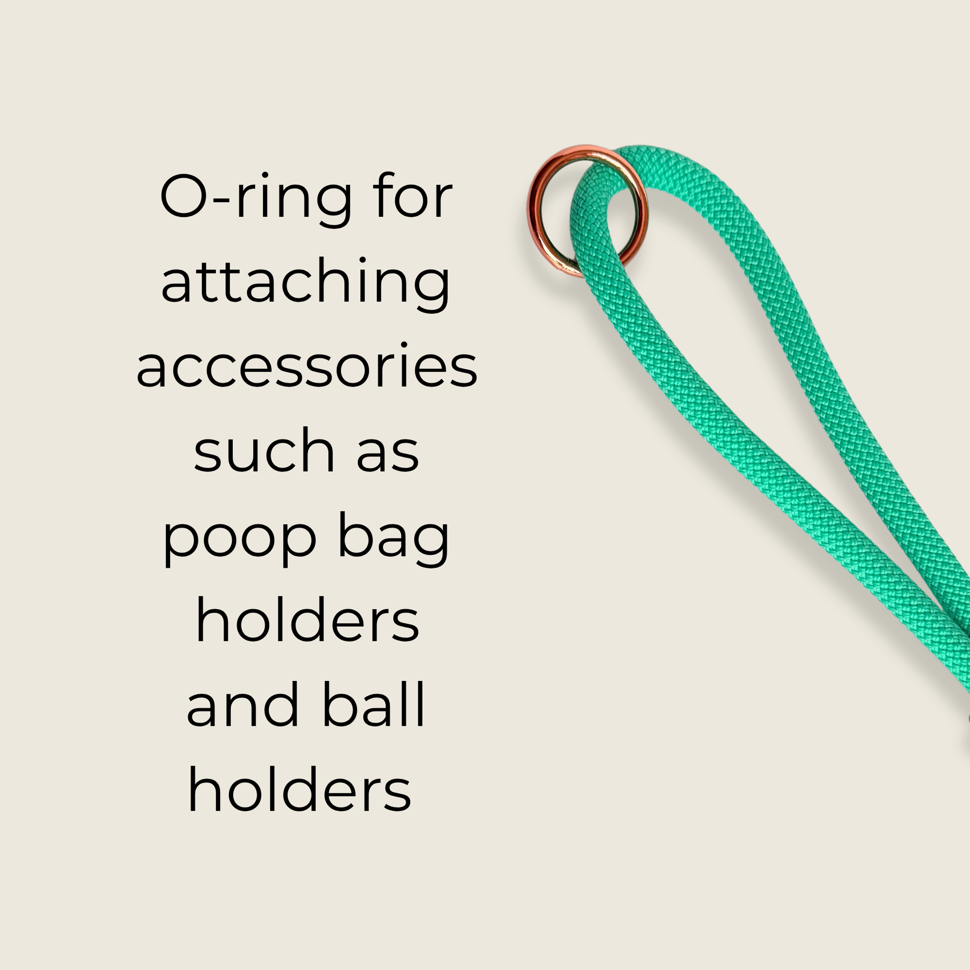 A mint green woven dog lead with a rose gold metal O-ring, shown on a light beige background next to text describing its use for attaching accessories like poop bag holders and ball holders.