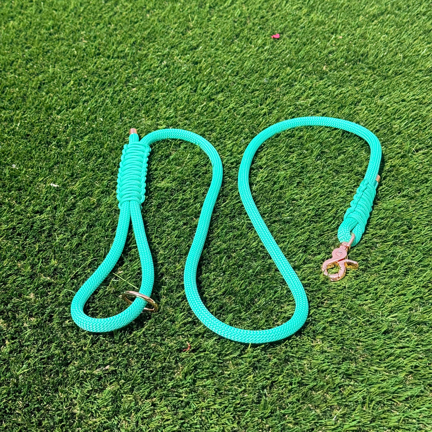 A bright mint green braided rope dog leash with a metal snap hook, laid out on green grass.