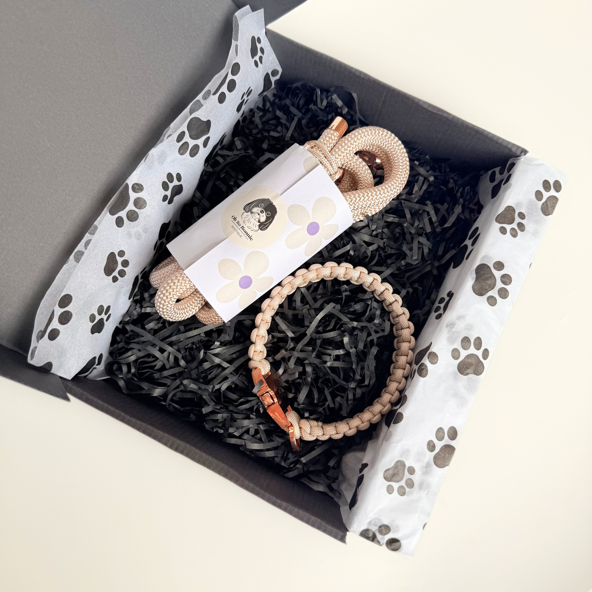Custom made beige nylon rope dog collar set with matching paracord braided dog collar. Picture shows rose gold hardware option in gift box