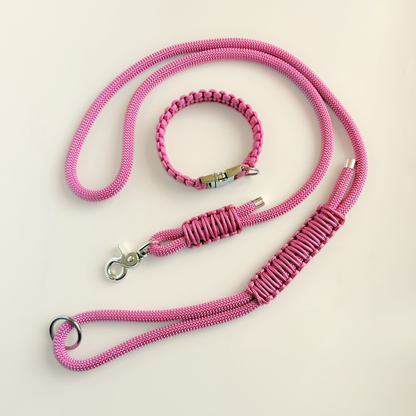 Custom made pink nylon rope dog collar set with matching paracord braided dog collar. Picture showing full set from above.