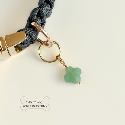Green aventurine four leaf clover shaped crystal dog collar charm. Crystals for dogs, gemstone for optimism, healing and comfort. Pictured attached to a black paracord dog collar.
