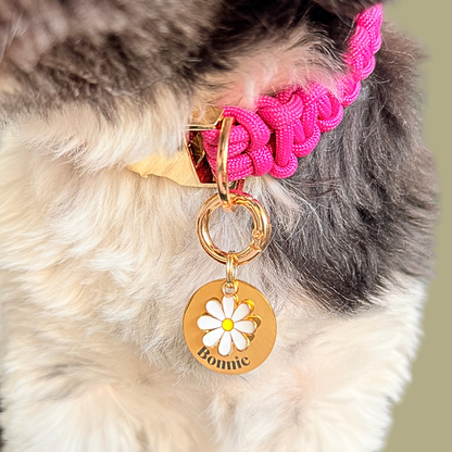 Gold white daisy flower dog collar ID tag, Enamel floral charm with dog name and address details. easily clips onto collar or harness. Pictured being worn by Bonnie, close-up.