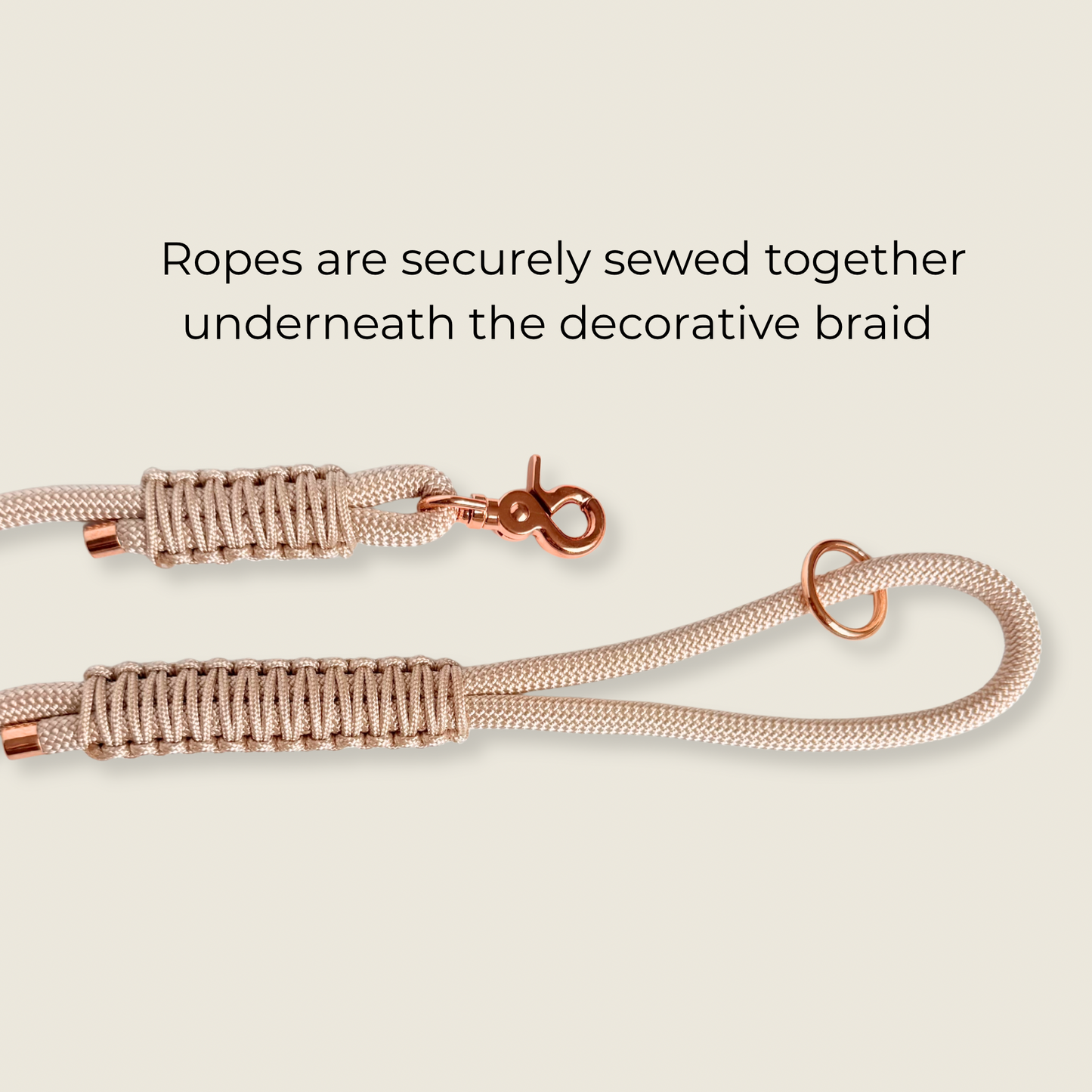 Custom made ‘pearl rose’ beige/champagne coloured nylon rope dog lead with choice of metal hardware. Four lengths available. Easy strong grip handle.