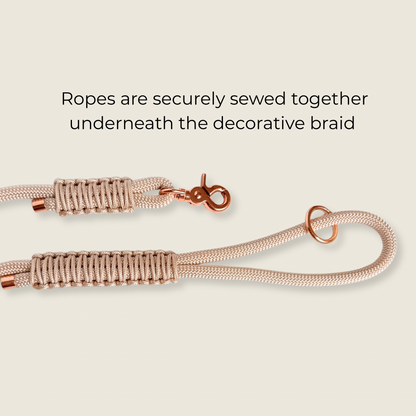 Custom made ‘pearl rose’ beige/champagne coloured nylon rope dog lead with choice of metal hardware. Four lengths available. Easy strong grip handle.