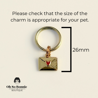 Gold plated brass envelope dog collar charm featuring a red enamel heart. Pictured with the dimensions of the charm listed.￼