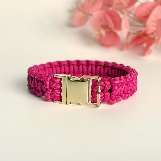 ‘Fuschia Pink’ custom made braided Paracord dog collar with metal buckle