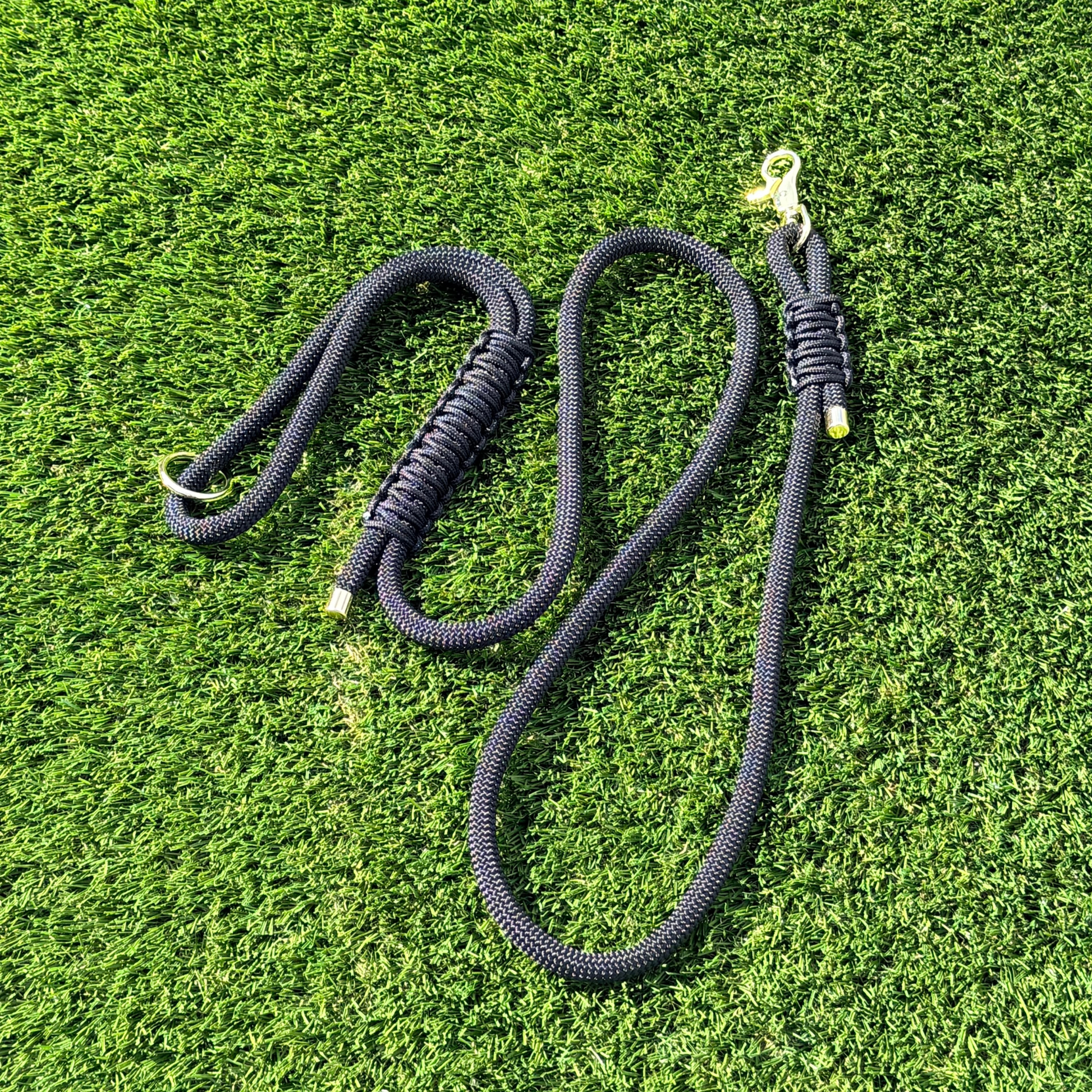 Custom made black nylon rope dog lead with choice of metal hardware. Four lengths available. Easy strong grip handle.