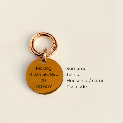 Gold rainbow love heart flower dog collar ID tag, Enamel charm with dog name and address details. easily clips onto collar or harness.