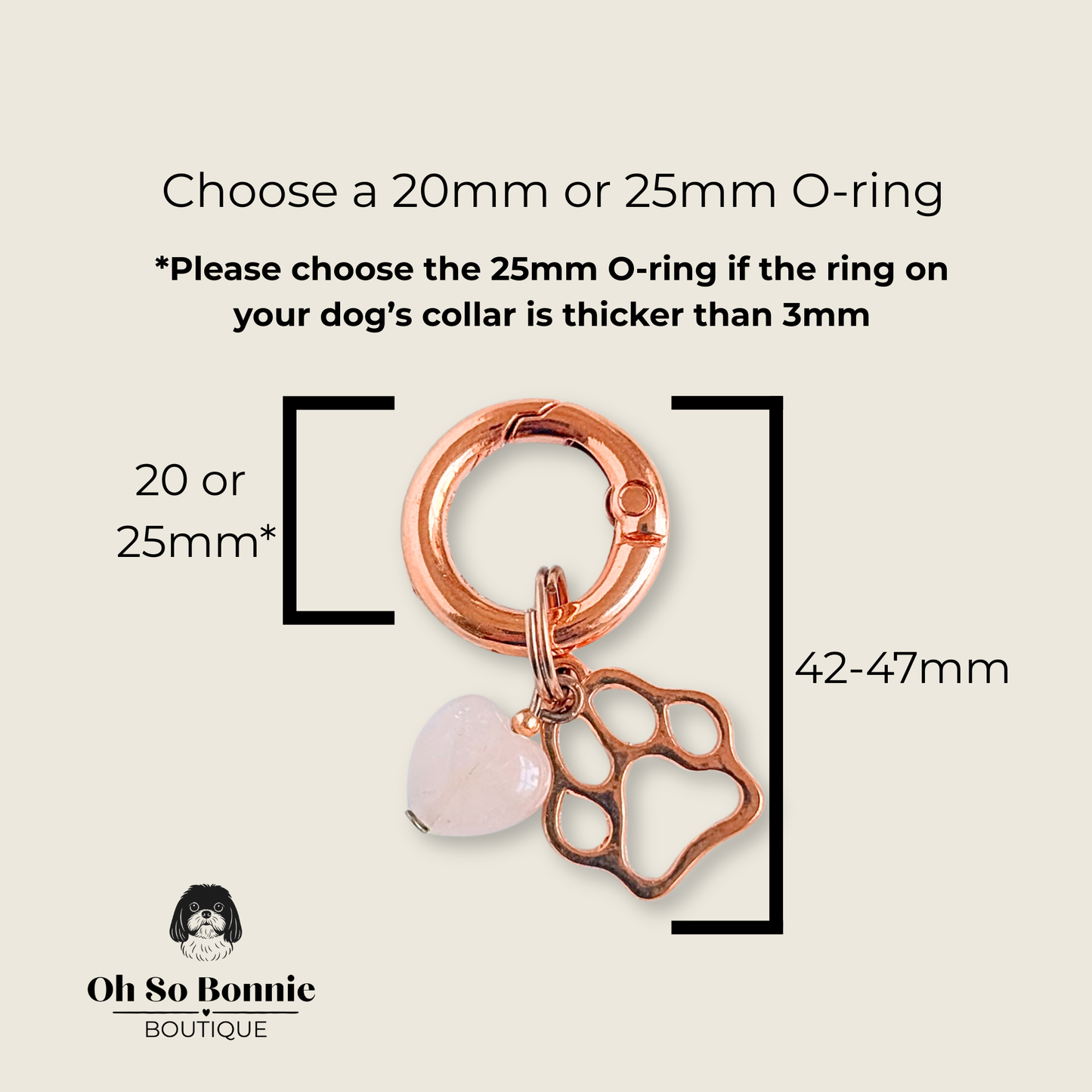 Crystal for dogs pet collar charm featuring a 10mm rose quartz heart shaped bead and a brass rose gold coloured paw print tag. A stone for love, calm and comfort. Pictured showing the dimensions.