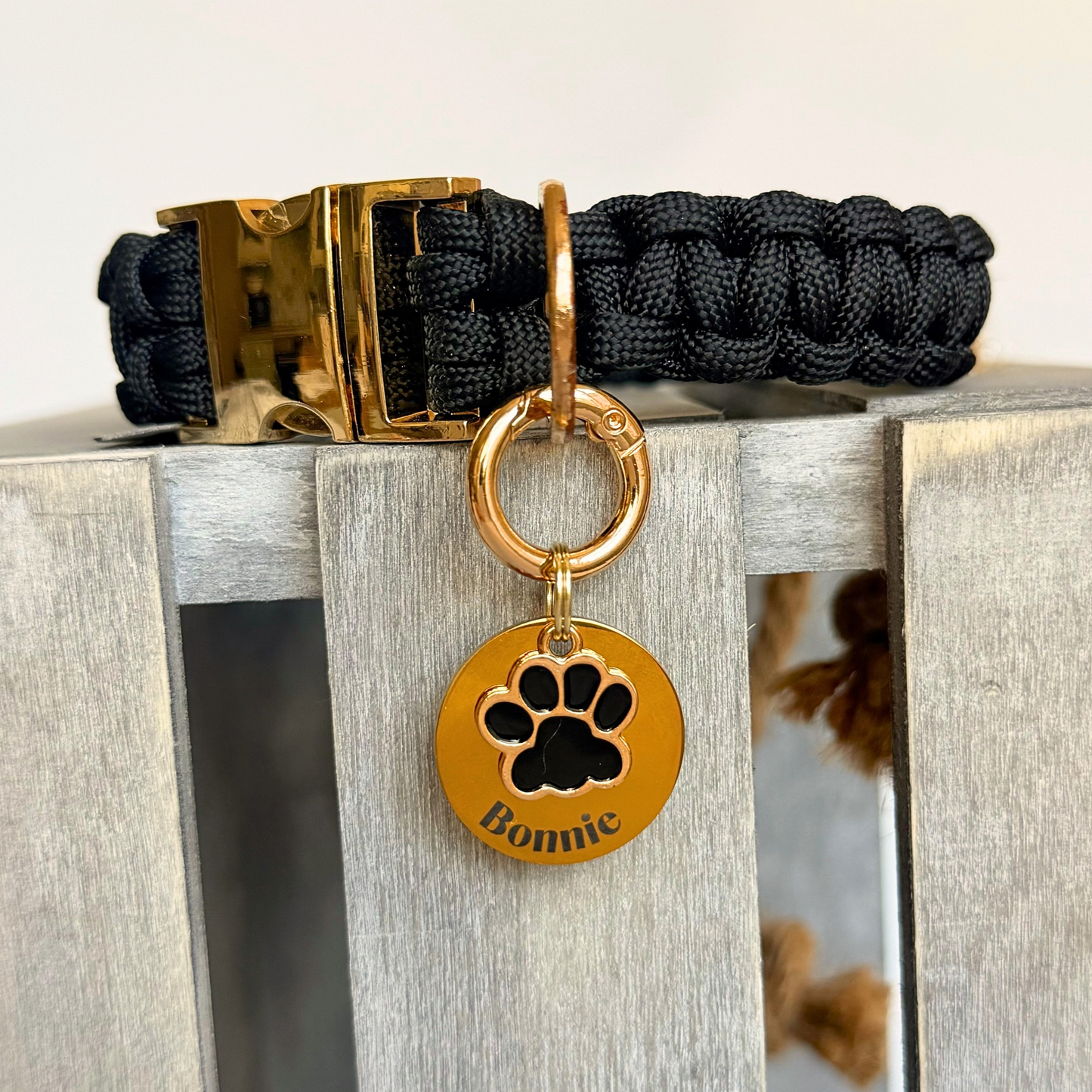 Black and Gold Paw Print Dog Collar Charm & ID Tag With Name or ‘I’m Chipped’