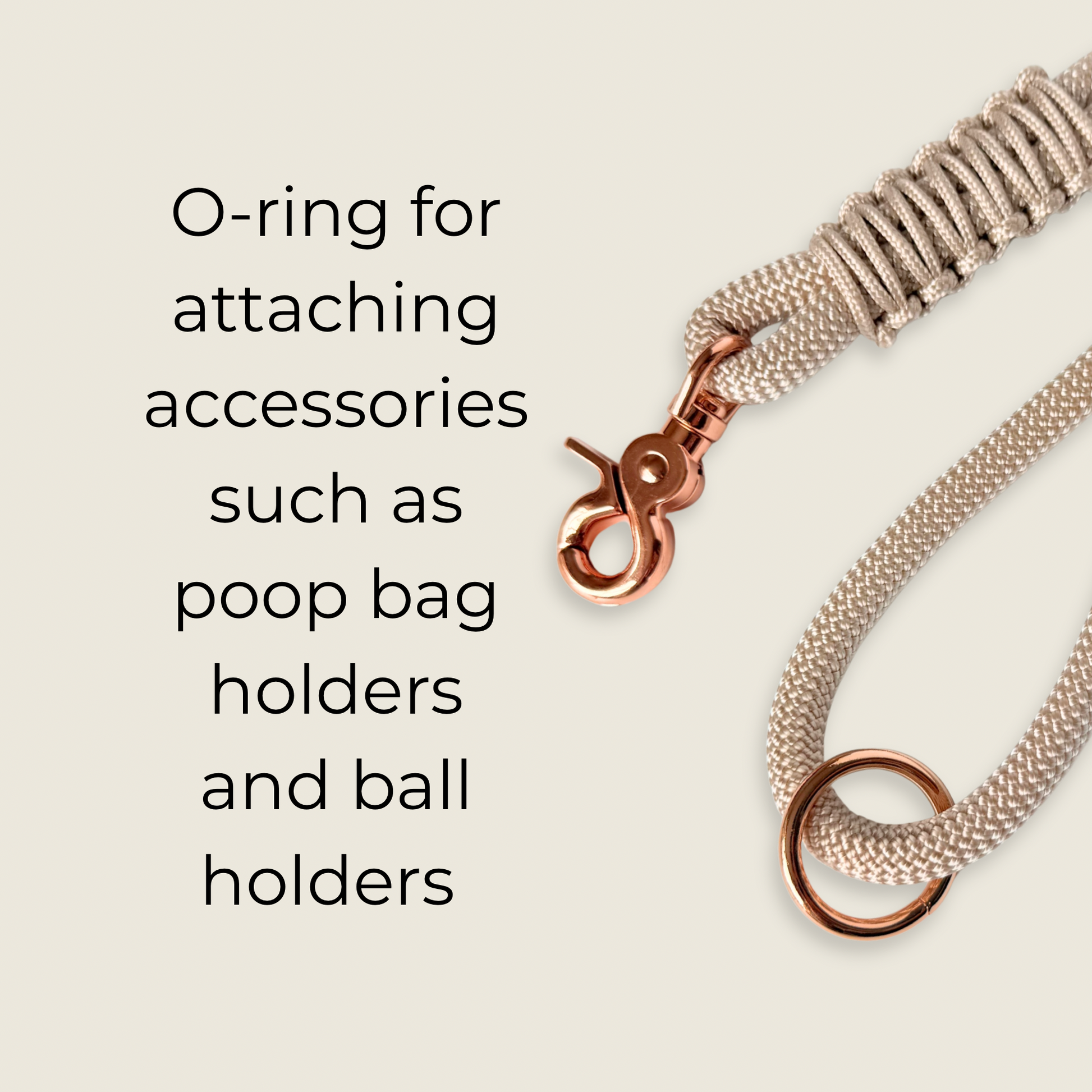 Custom made ‘pearl rose’ beige/champagne coloured nylon rope dog lead with choice of metal hardware. Four lengths available. Easy strong grip handle. Close up of the hardware.