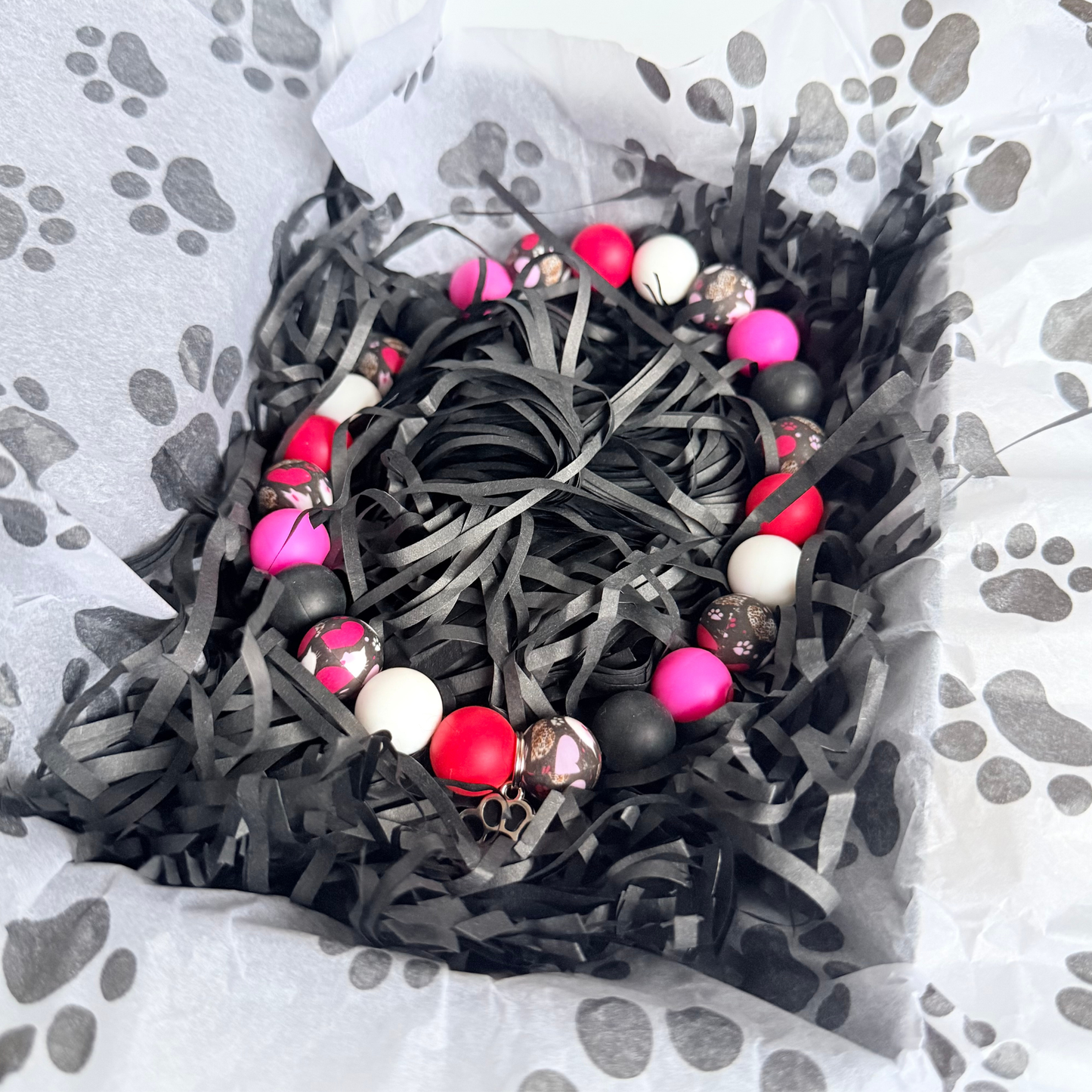 Black Pink White & Red Silicone Heart Print Dog Beads