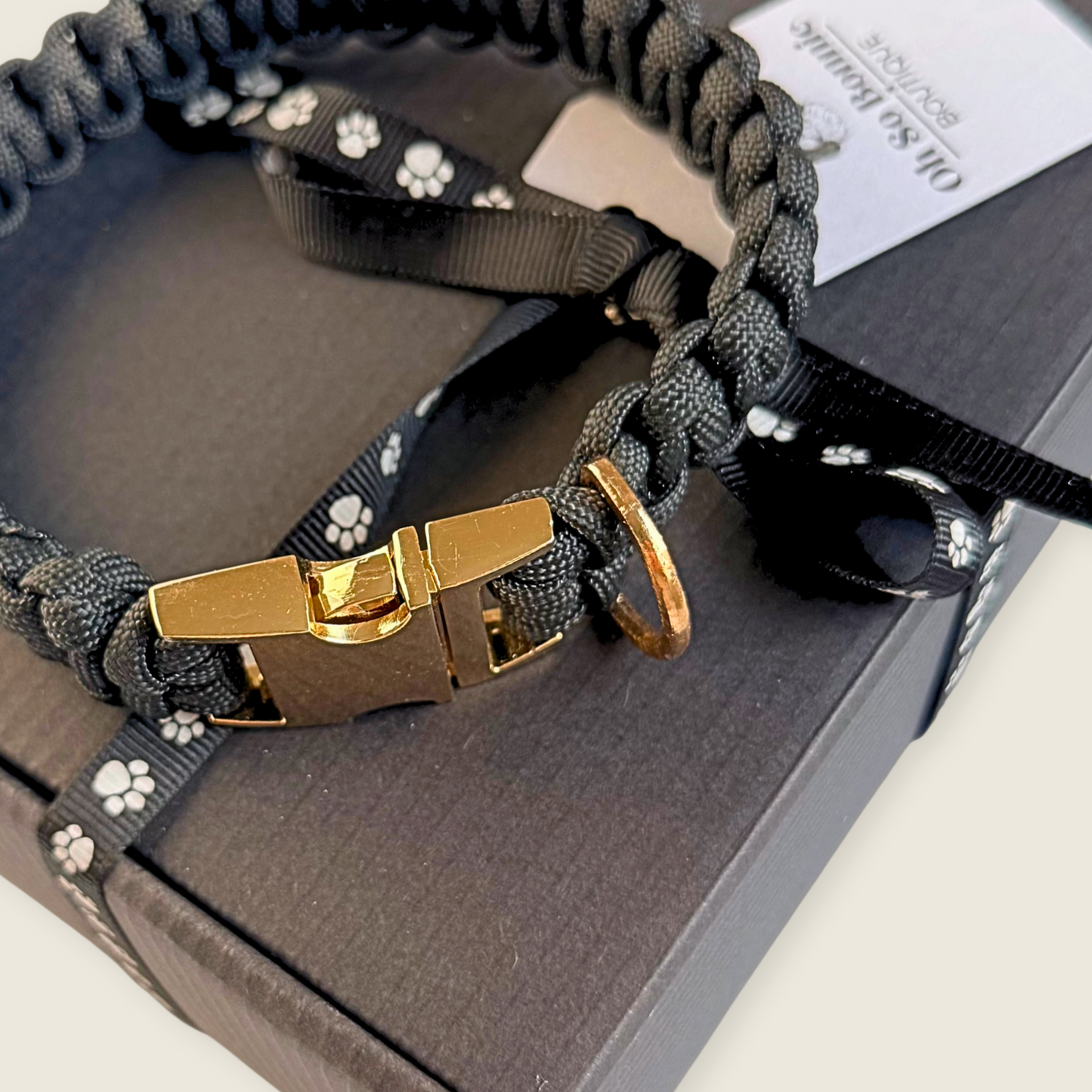Black custom made braided Paracord dog collar with metal buckle